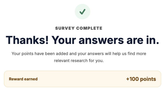 Actual Qualfacto completion screen: thanks for your answers, with an example reward of 100 points earned